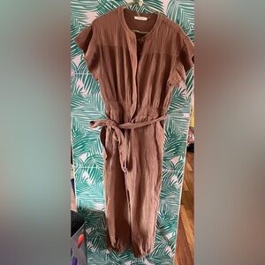 Idem ditto cotton brown jumper button front and tie waist sz L  flutter sleeve